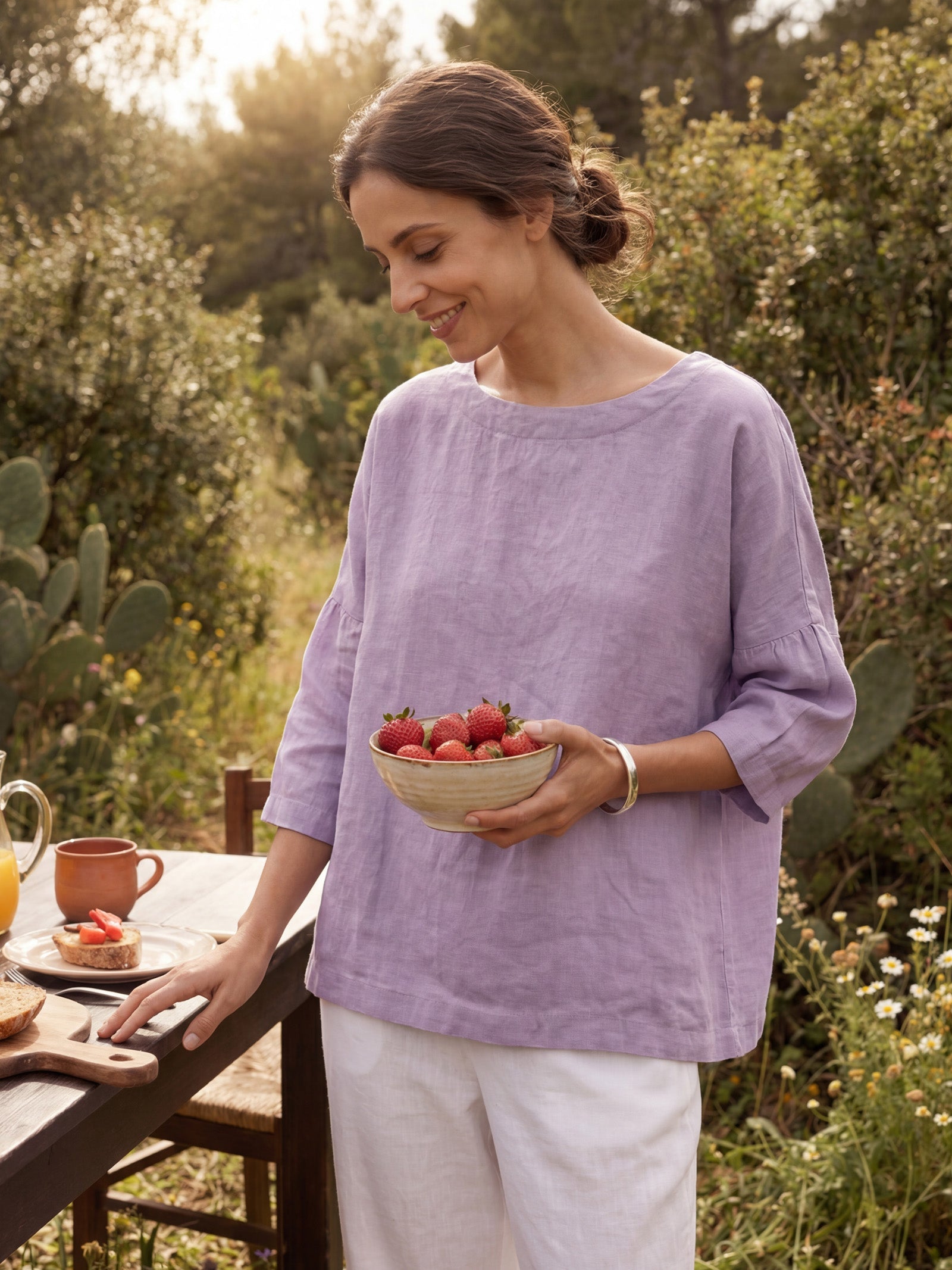 100% Linen Boatneck 3/4 Length Sleeve Top AURORA-LINTICO