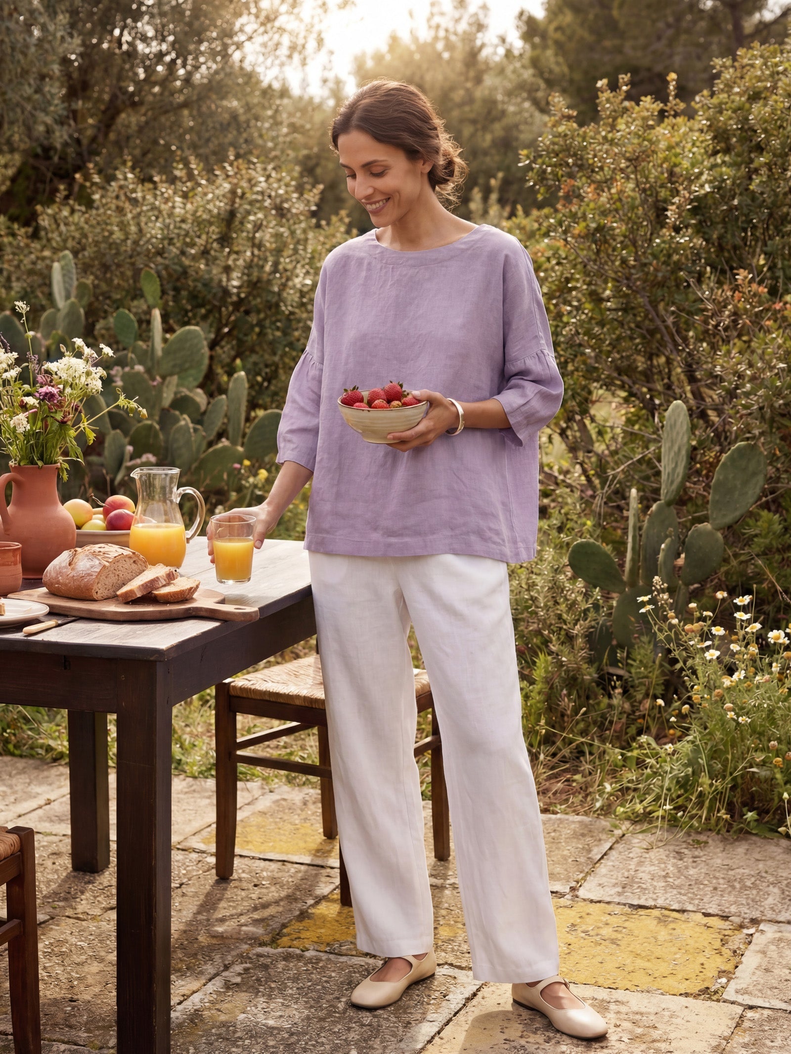 100% Linen Boatneck 3/4 Length Sleeve Top AURORA-LINTICO