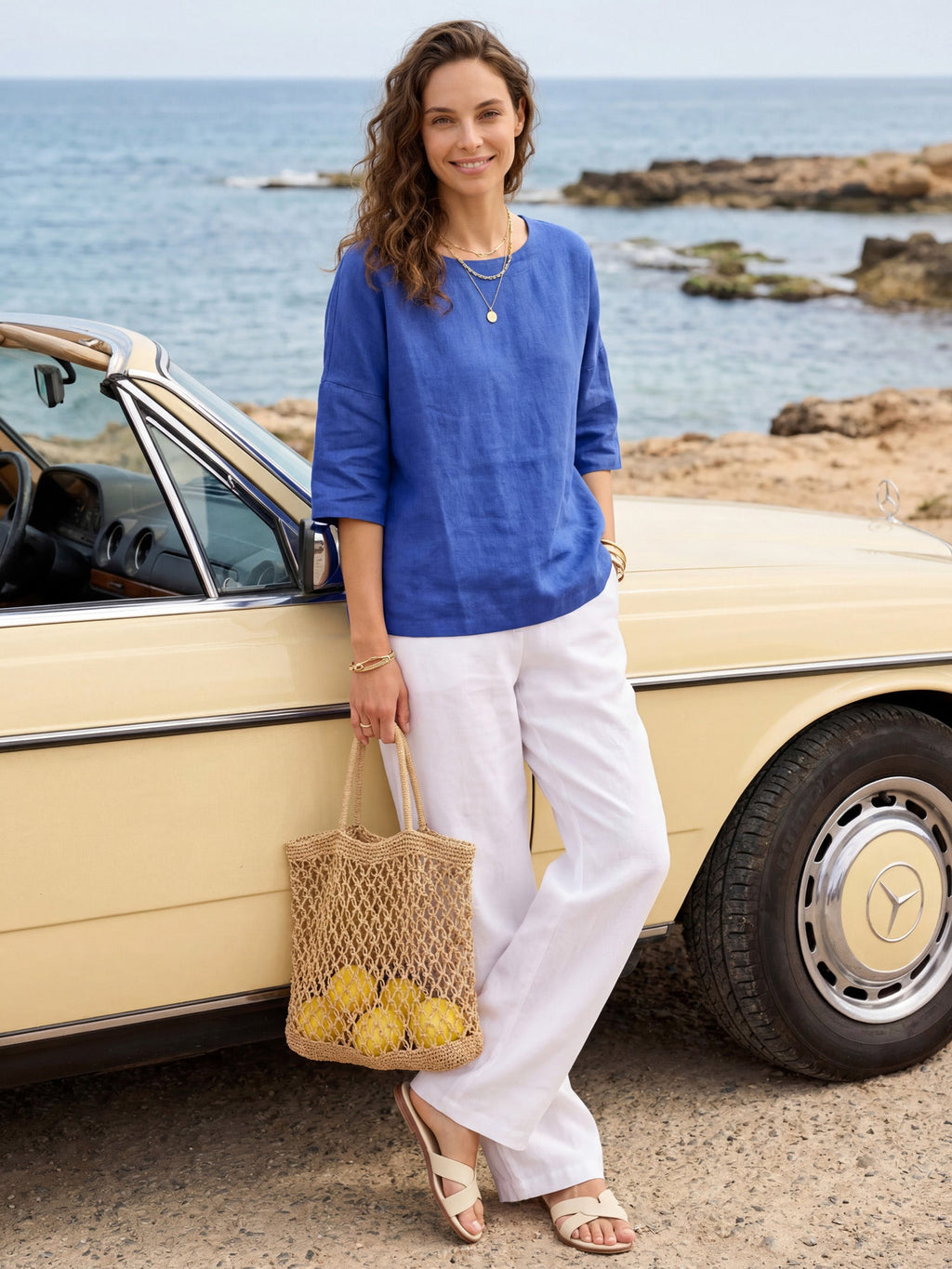 100% Linen Boatneck 3/4 Length Sleeve Top AURORA-LINTICO