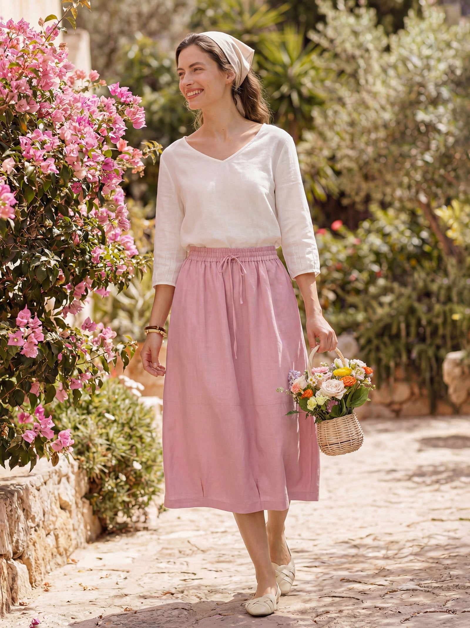 100% Linen Drawstring Lantern Maxi Skirt with Pockets ROXANNE