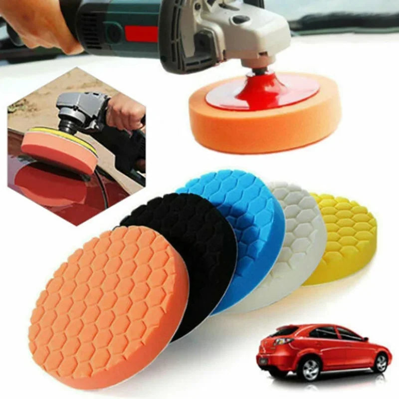 Set of car polishing pads with a polisher and car in the background