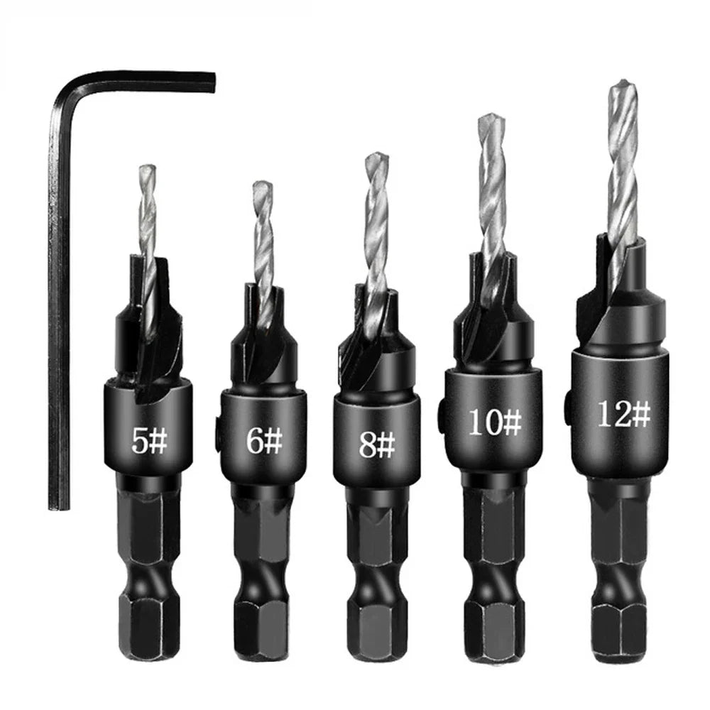 A 5-piece black metal drill bit shaper set with an accompanying hex key wrench, featuring drill bits labeled 5#, 6#, 8#, 10#, and 12# on a plain white background.