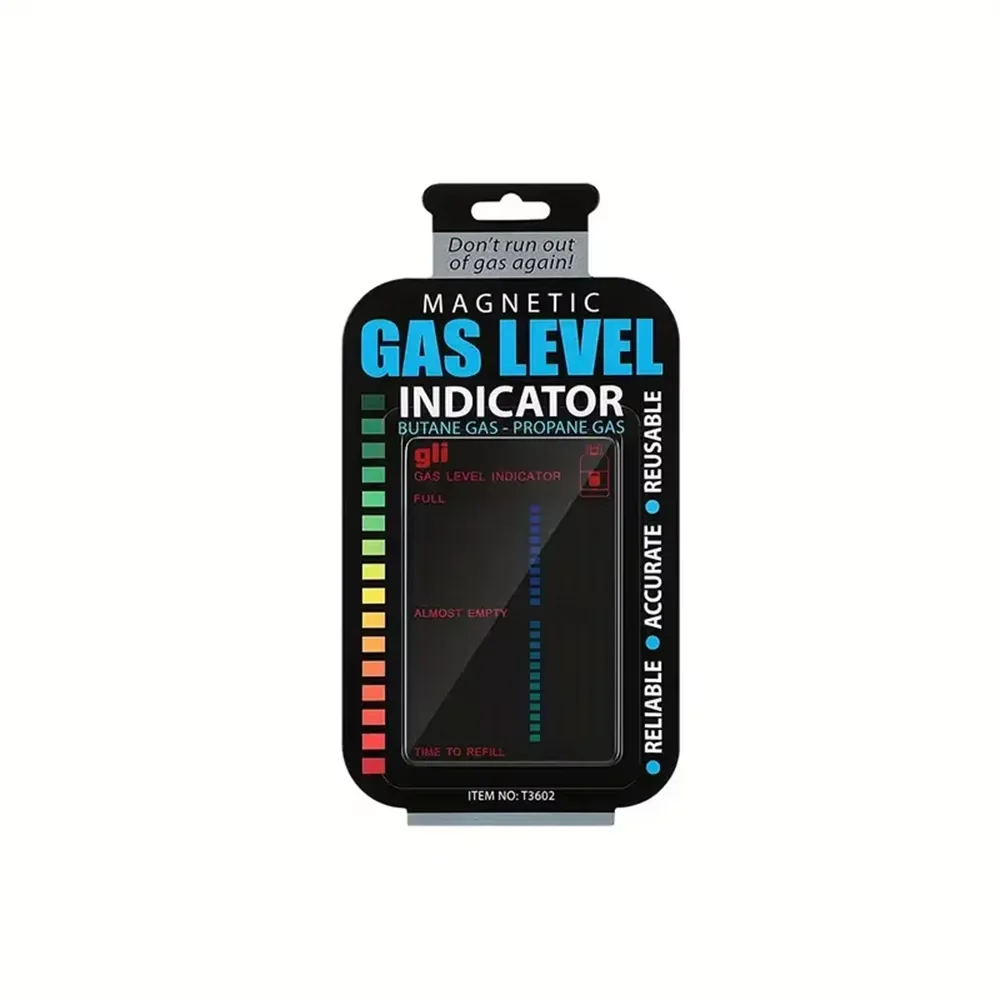 Magnetic gas level indicator packaging on a white background
