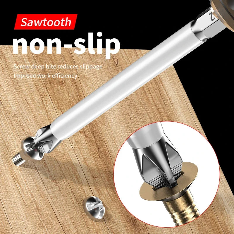 Screwdriver bit with sawtooth non-slip design on a wooden surface
