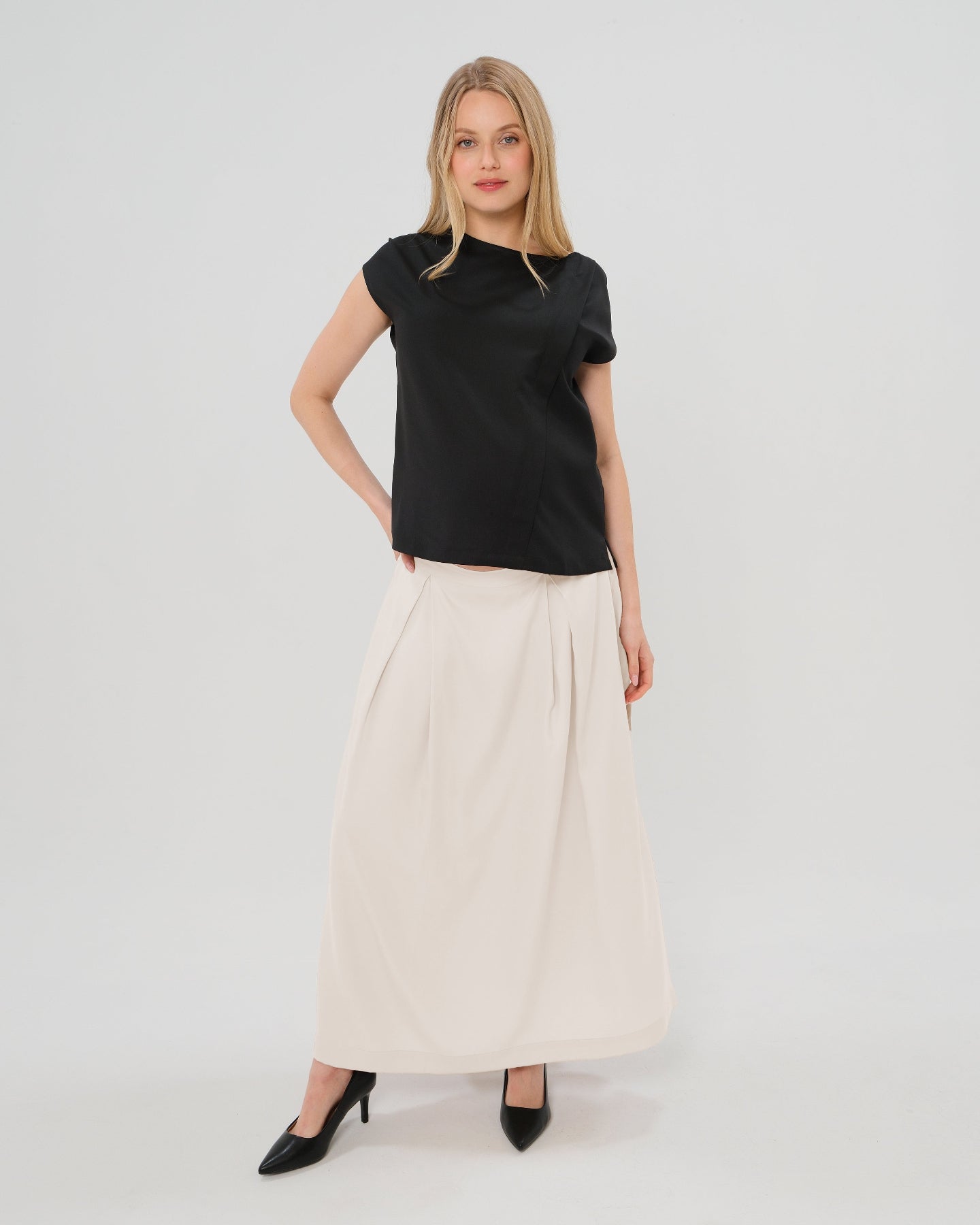 Pleated Maternity Maxi Skirt in Cream Satin | Over/Under Bump