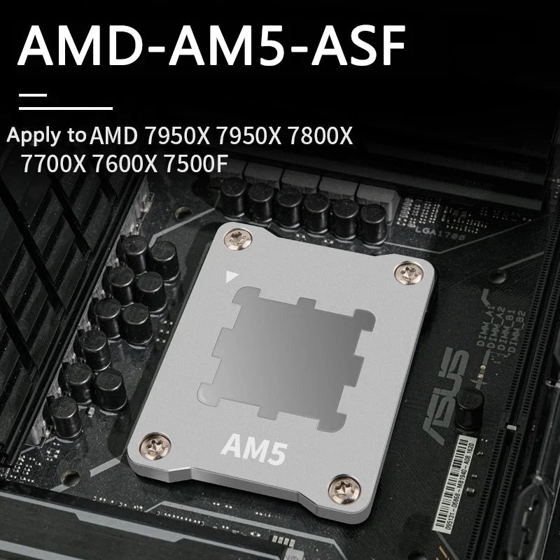 AMD AM5 socket on a motherboard with branding and model numbers displayed.