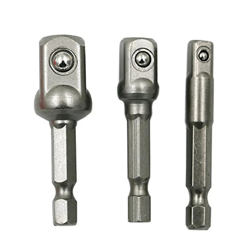Three metallic drill bits of different lengths on a white background