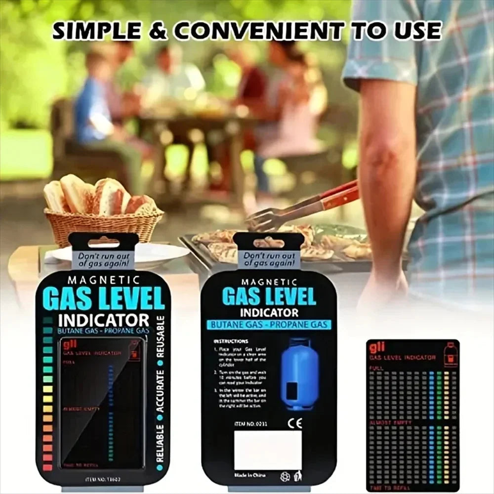 Magnetic gas level indicator with a blurred outdoor background of people and a grill.