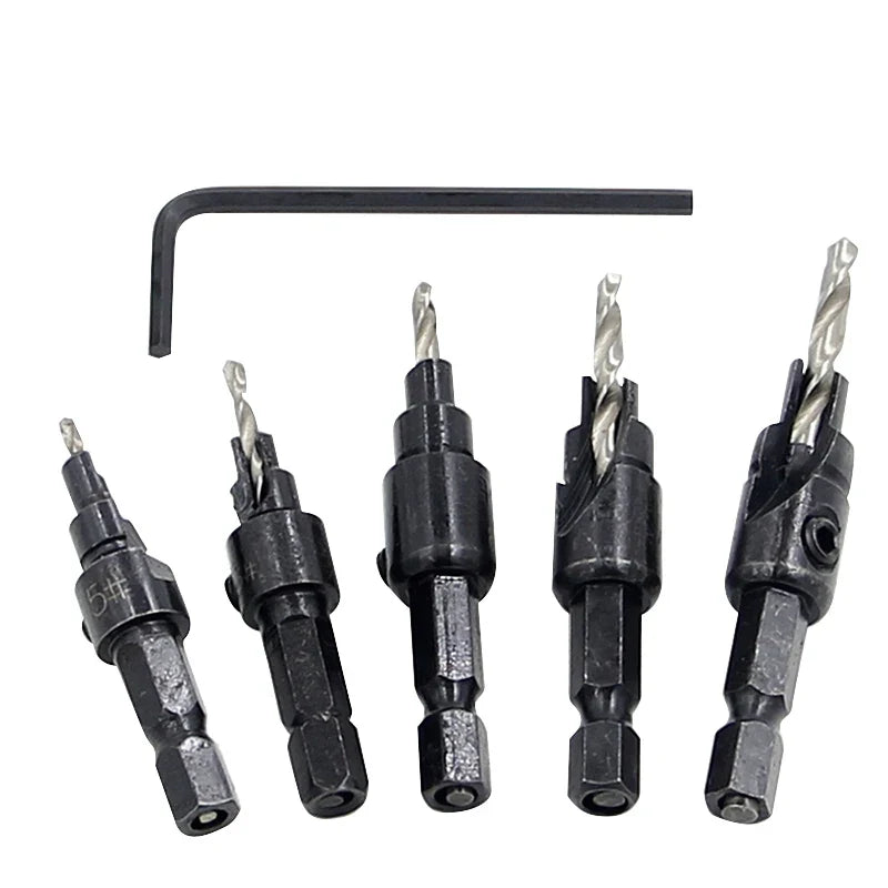 Set of drill bits with a hex key on a white background