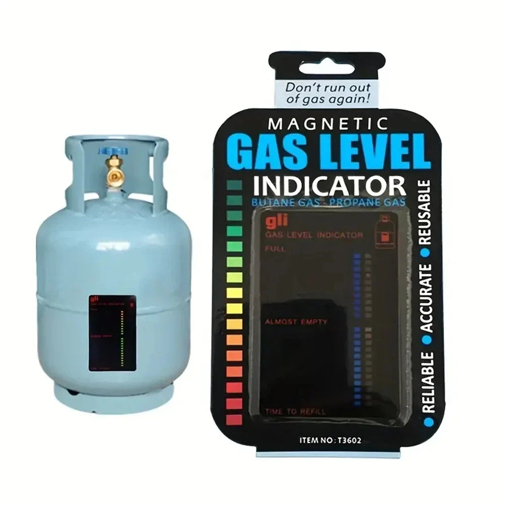 Magnetic gas level indicator next to a propane tank on a white background