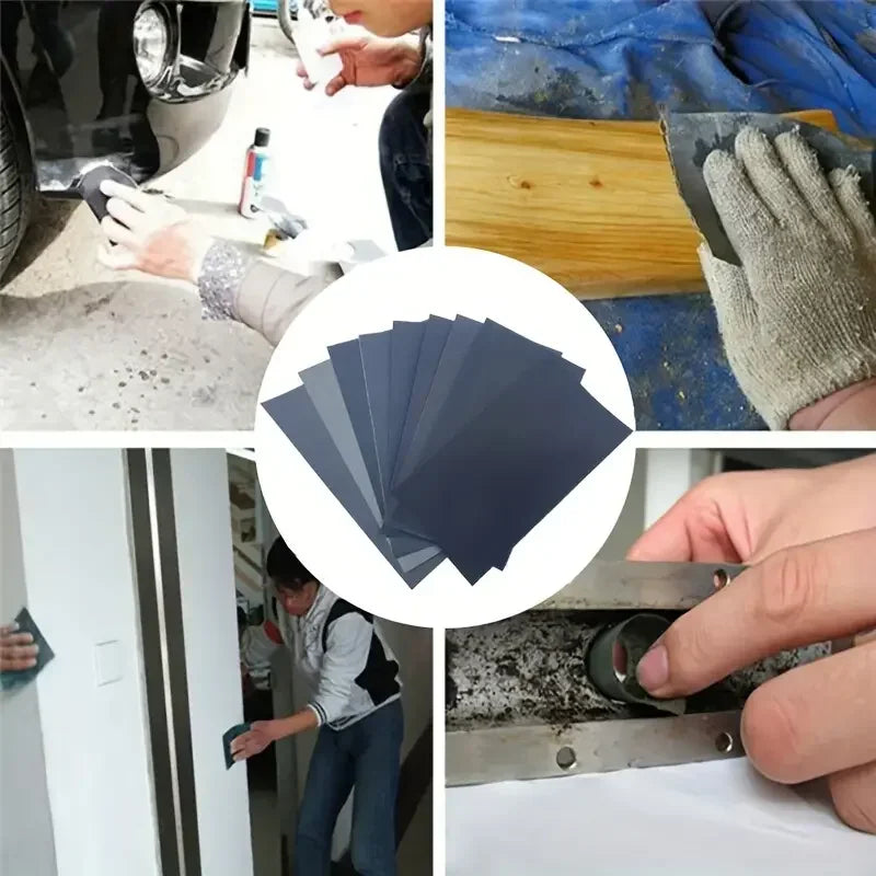 Collage of people working on car repair with sandpaper and gloves, featuring a close-up of sandpaper samples.