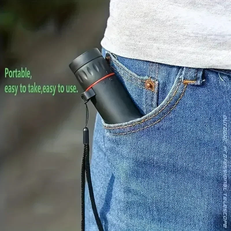 Black portable device being placed into a blue jeans pocket with text 'Portable, easy to take, easy to use.'