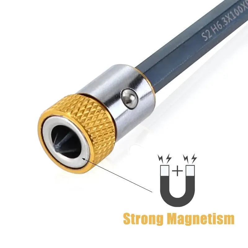 Close-up of a tool with a gold and silver head, labeled 'Strong Magnetism', on a white background.
