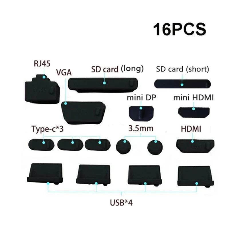 16-Piece Universal Silicone Dustproof Plugs for Laptop & Notebook Ports, USB Port Protectors