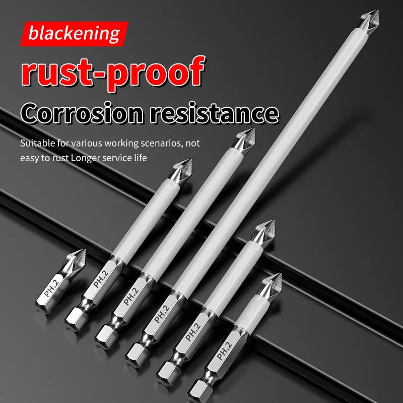 Set of rust-proof screwdriver bits on a black background with text highlighting their properties.