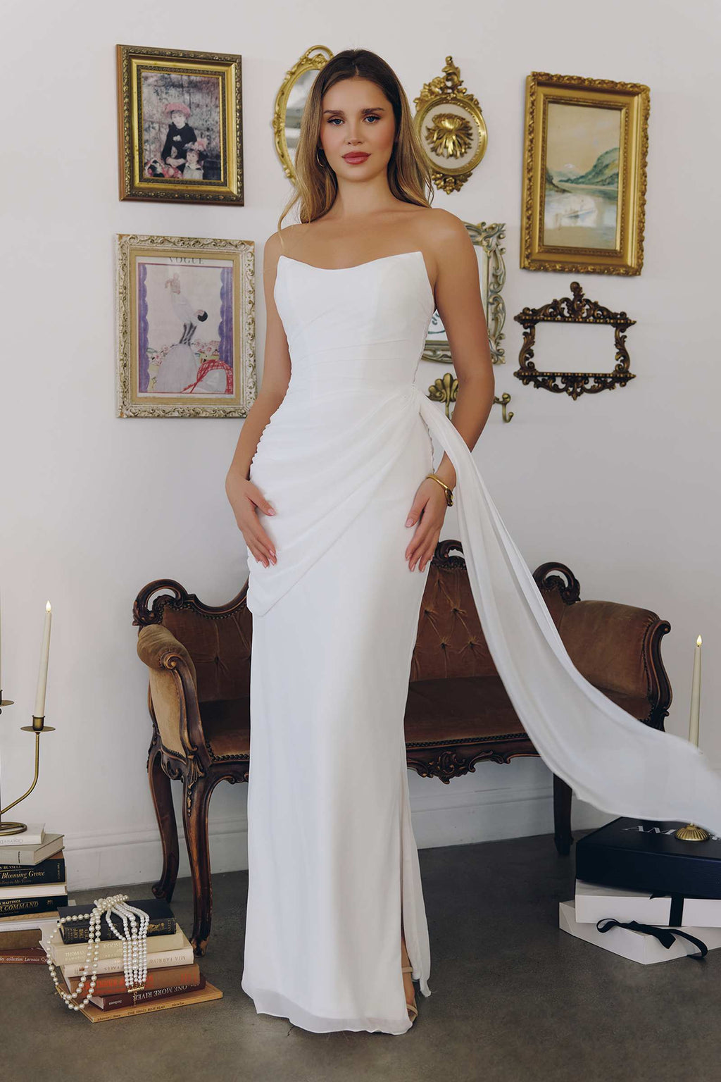 Amoris T726W Strapless Side Sash Chiffon Modern Bridal Gown