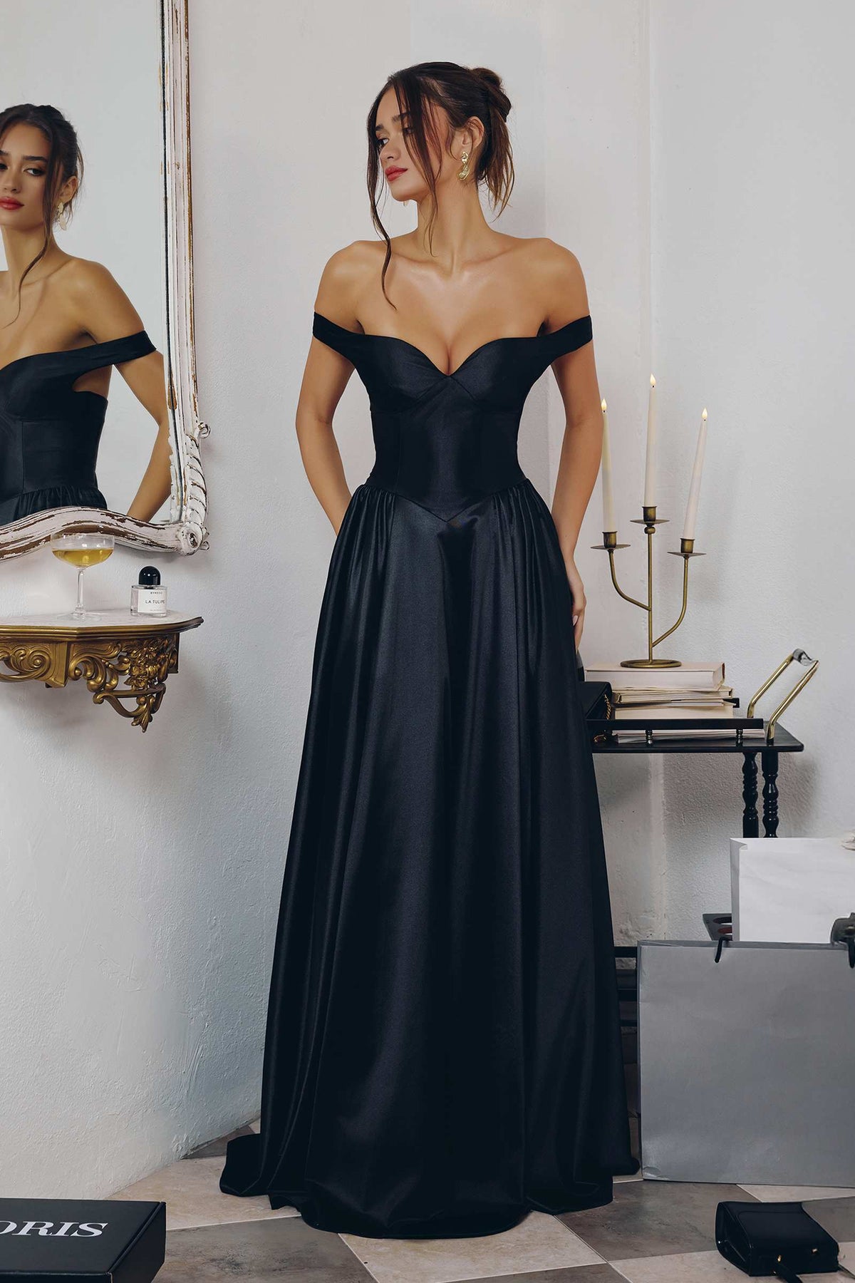 Amoris T821 Off Shoulder Sweetheart Neck Satin A-Line Dress