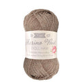 Ball of brown yarn with a label on a white background