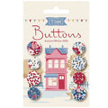 Tilda Buttons Autumn/Winter 2026 carded pack containing 12 decorative buttons with various patterns including florals, stripes, and dots in red, blue, pink, and white.
