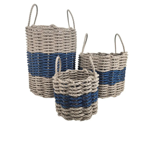 Authentic Maine Lobster Rope Storage Basket Tan and Navy Blue