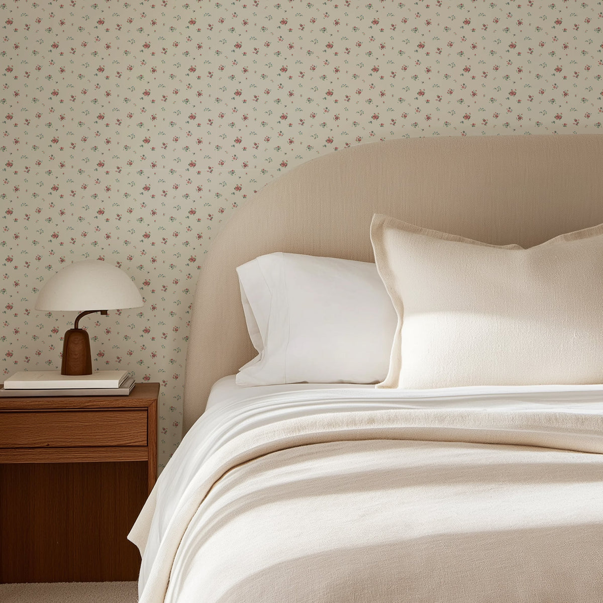 A styled bedroom scene featuring a bed with cream-colored bedding, a beige upholstered headboard, and a wall covered in delicate floral-patterned wallpaper. A wooden nightstand with a white table lamp sits on the left side.