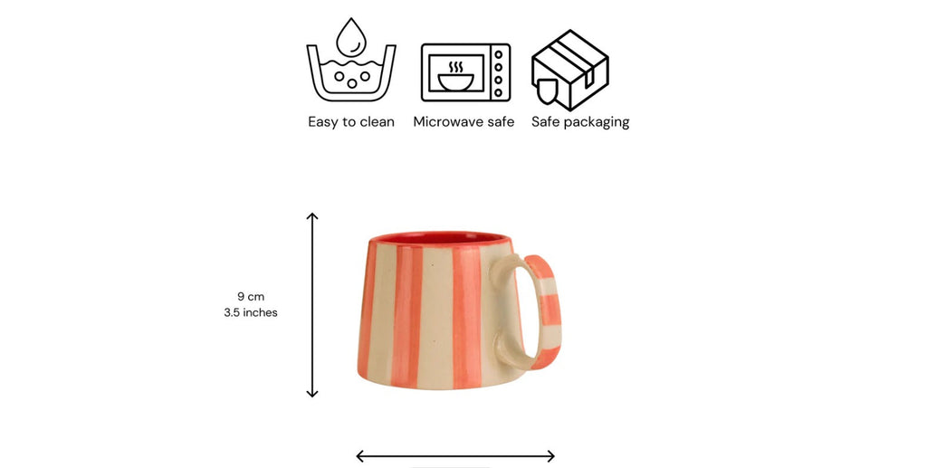 Pink Stripe Coffee Cup | Handpainted Stoneware Mug | 220ml (Set of 2)
