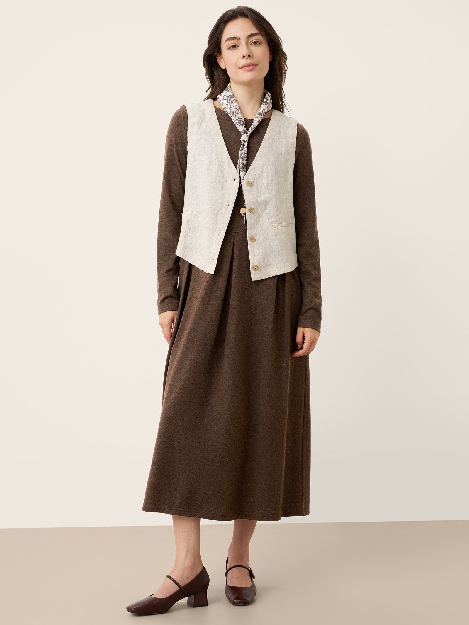 Wool Arc-Panel Sculpted Pleats Midi Dress CALISTA