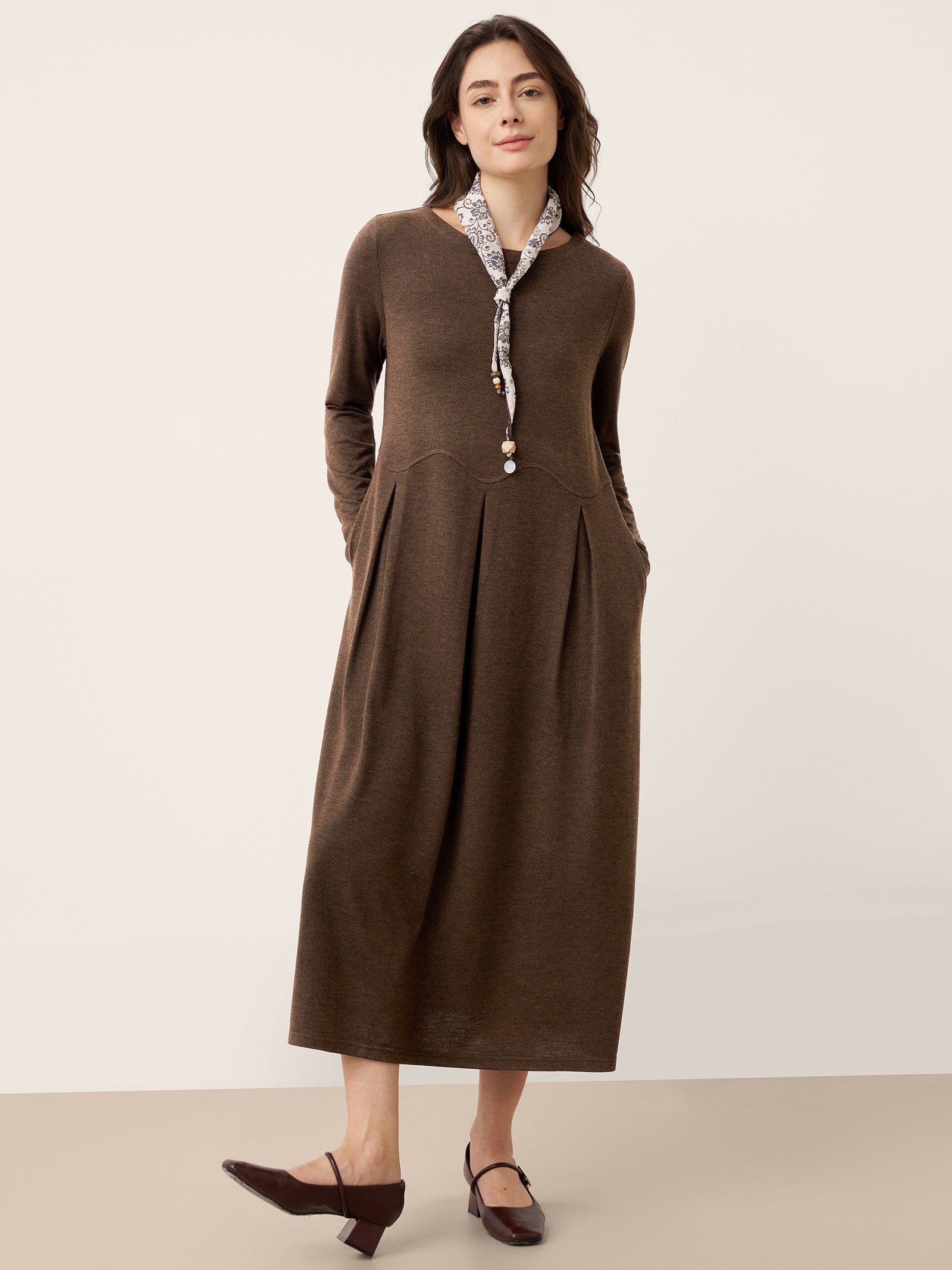 Wool Arc-Panel Sculpted Pleats Midi Dress CALISTA