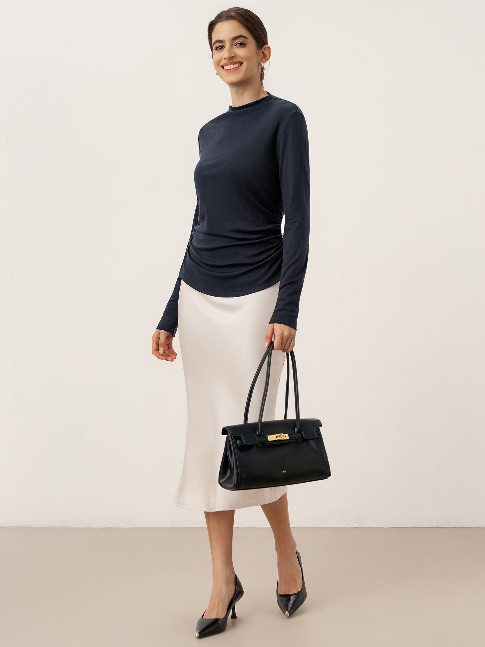 Wool Mock Neck Waist Pleat Top ISOLDE