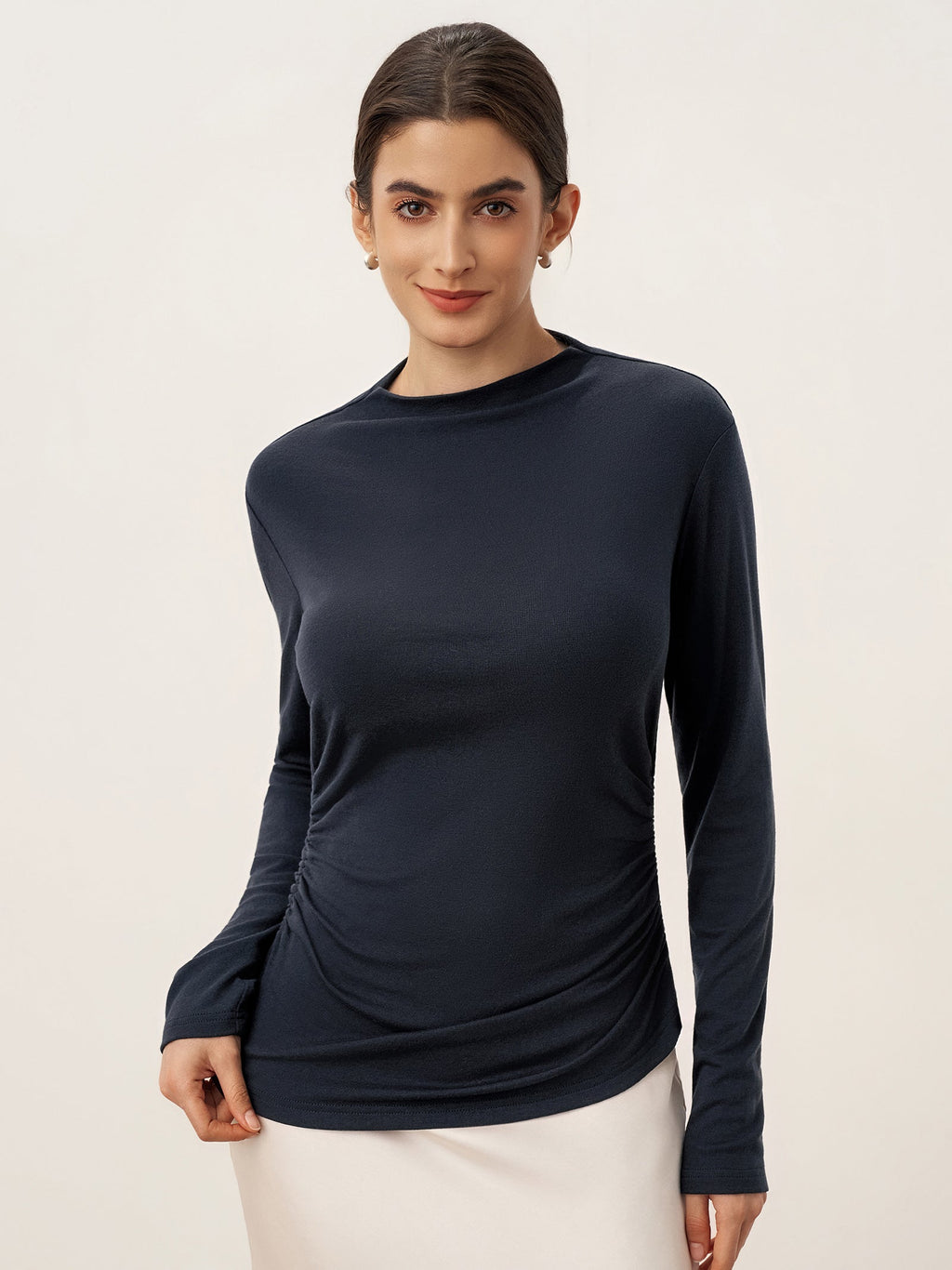 Wool Mock Neck Waist Pleat Top ISOLDE