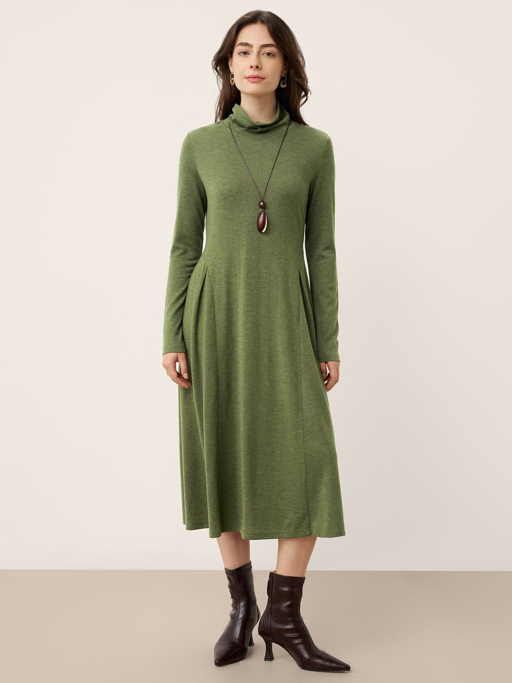Wool Sculpted Pleats Turtleneck Midi Dress BRIAR