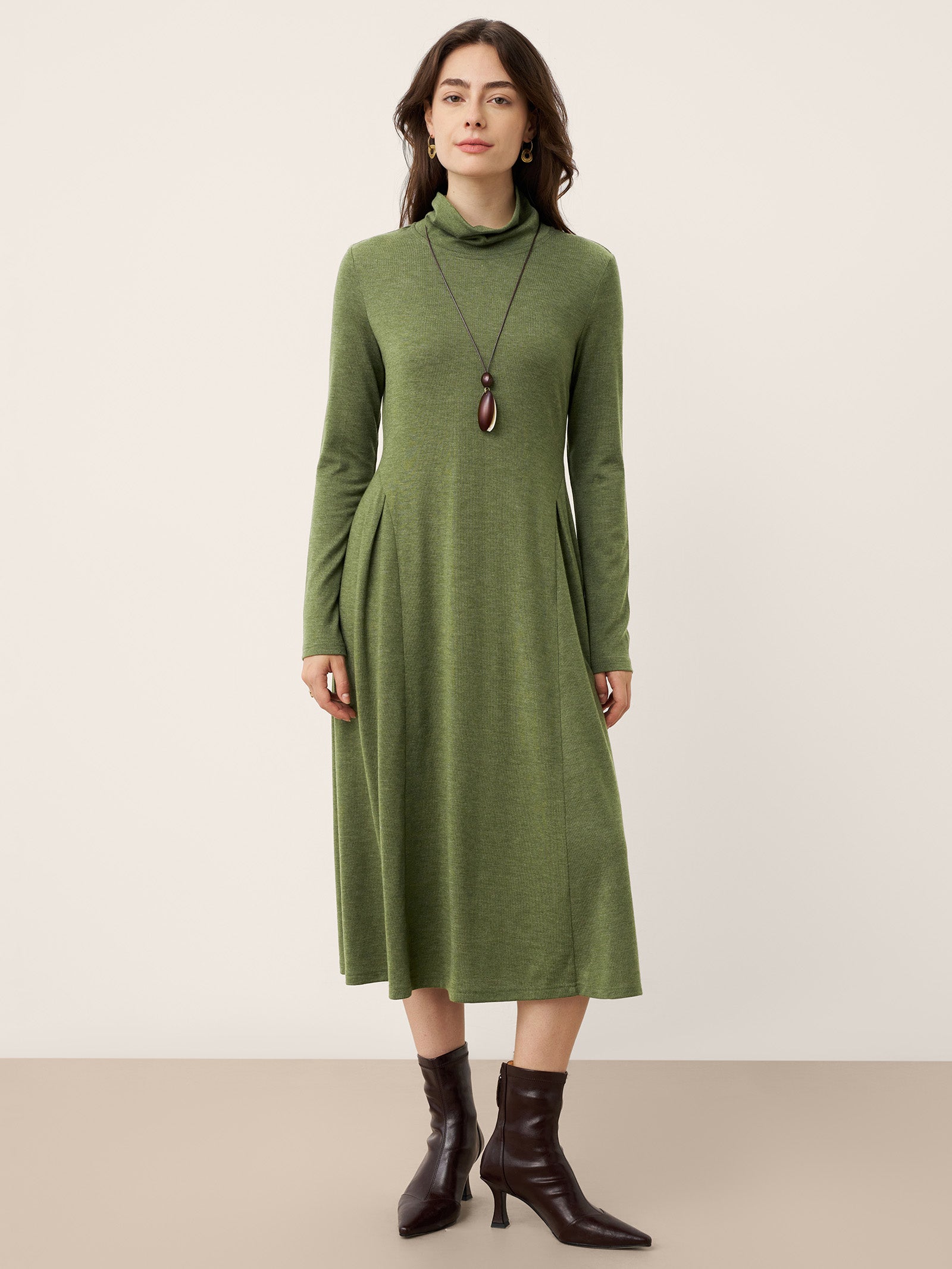 Wool Sculpted Pleats Turtleneck Midi Dress BRIAR