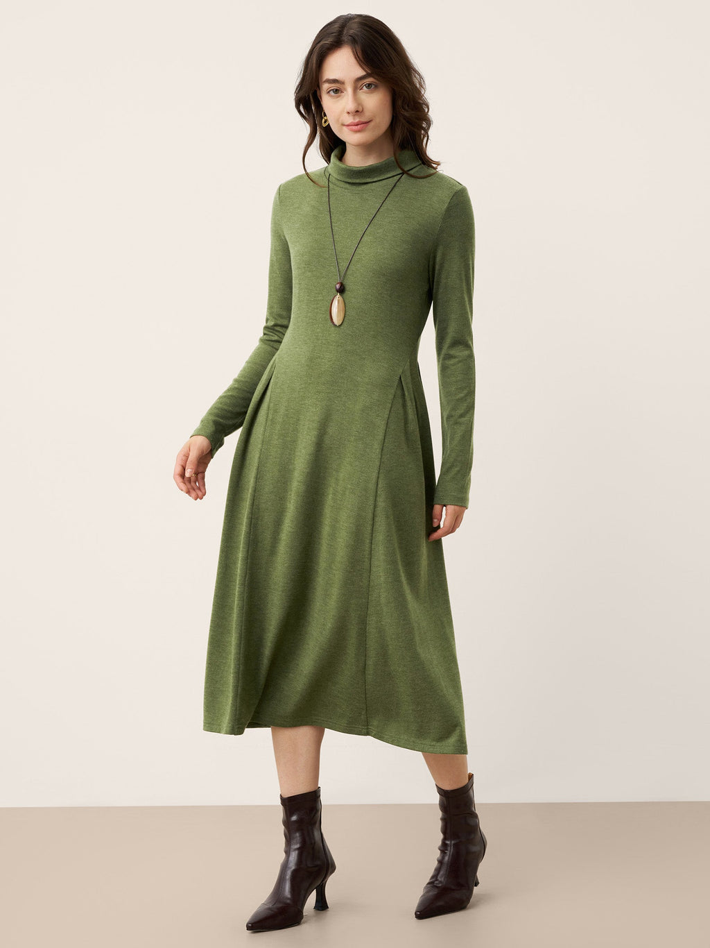 Wool Sculpted Pleats Turtleneck Midi Dress BRIAR