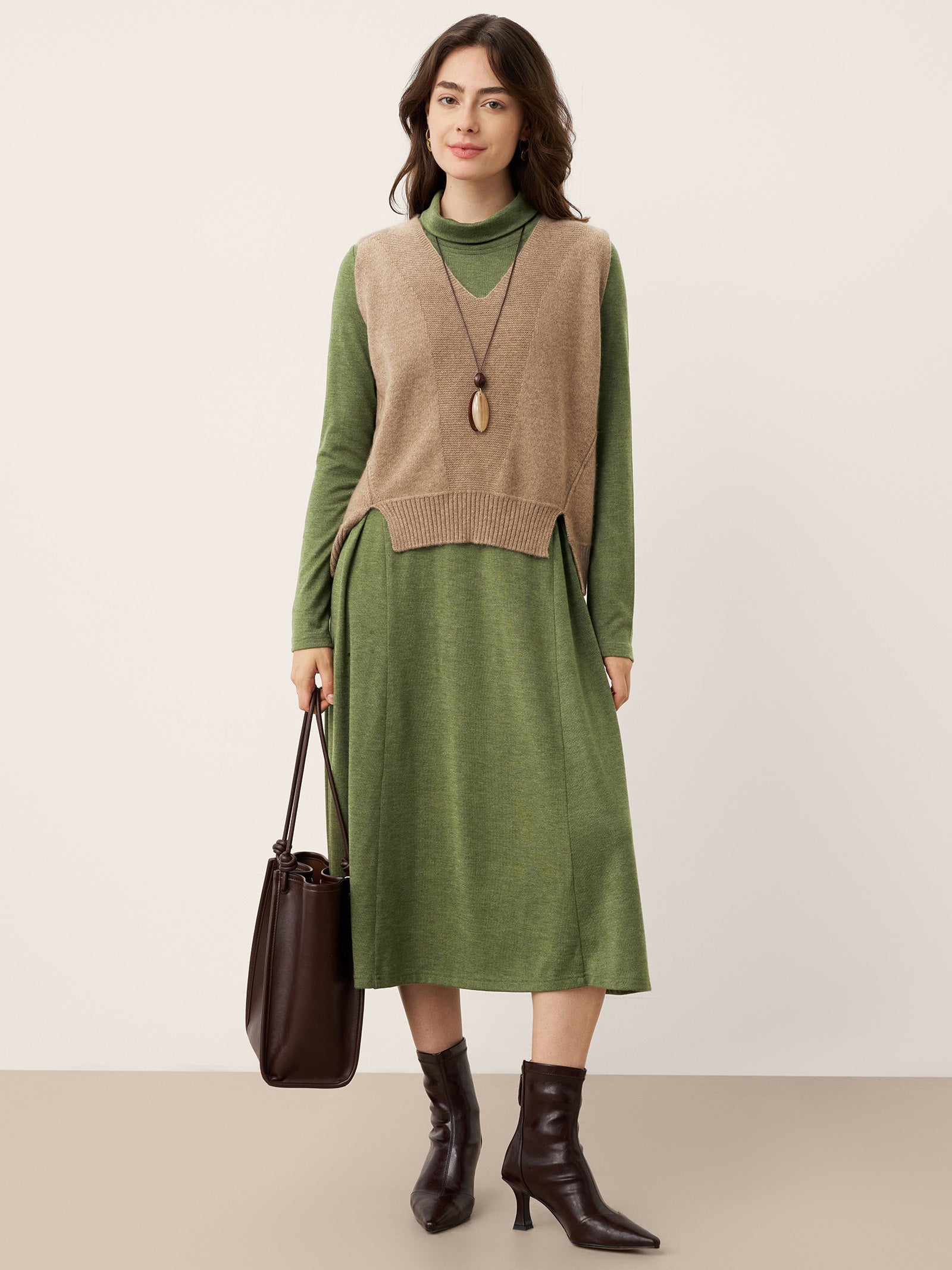 Wool Sculpted Pleats Turtleneck Midi Dress BRIAR