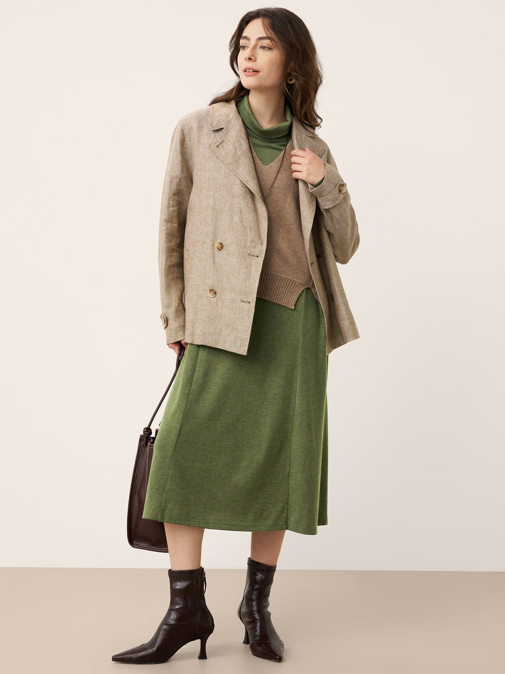 Wool Sculpted Pleats Turtleneck Midi Dress BRIAR