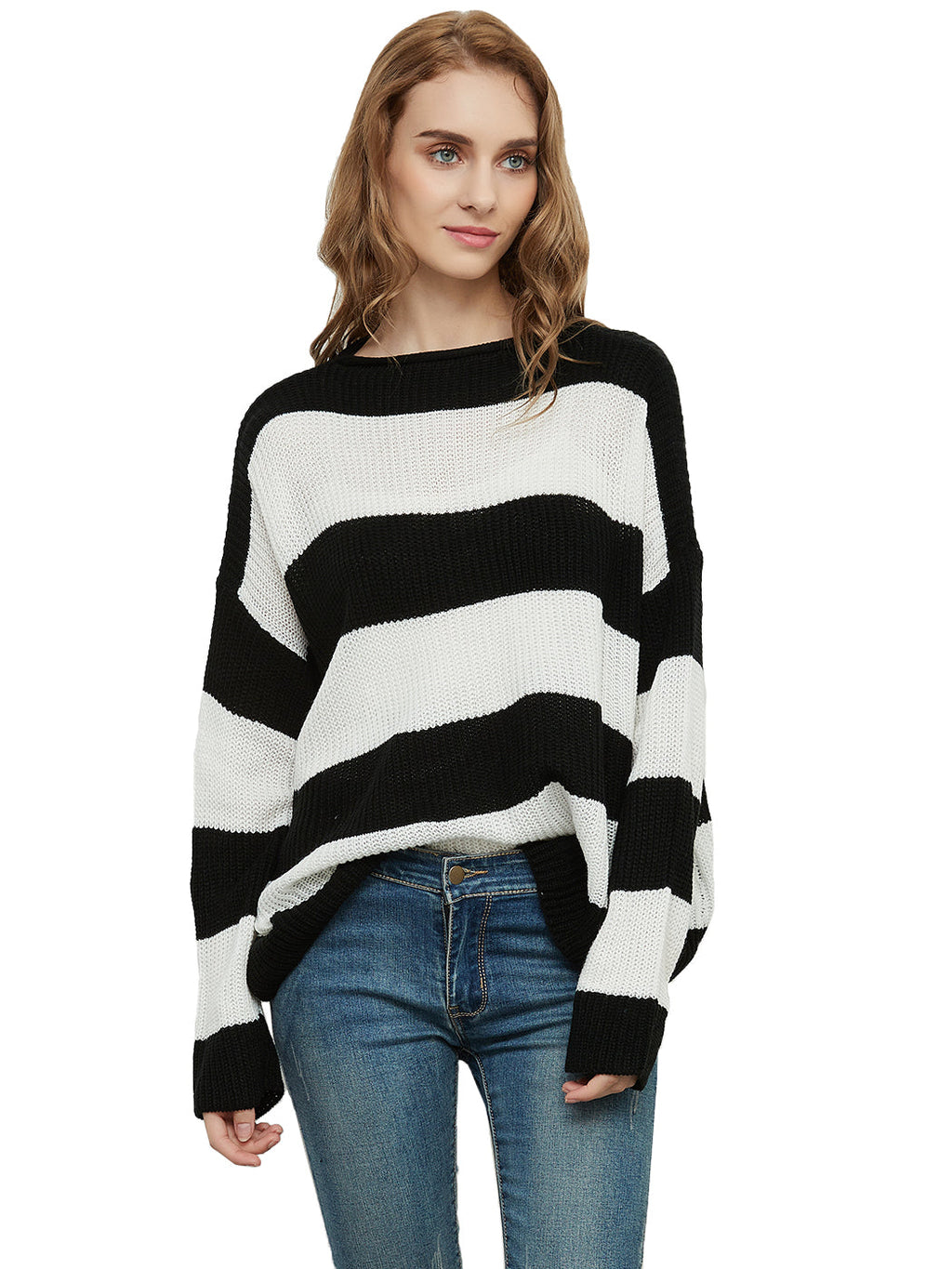 Women Striped Knitted Sweater Crew Neck Long Sleeve Casual Comfy Pullover Tops
