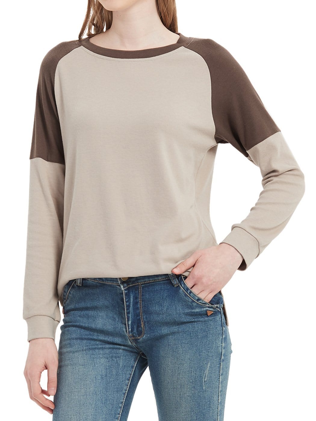 Beige and brown color-blocked long-sleeve top worn by a person on a white background