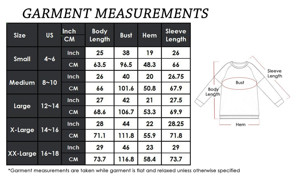 Garment measurements chart for a long-sleeve shirt with size chart and diagram.