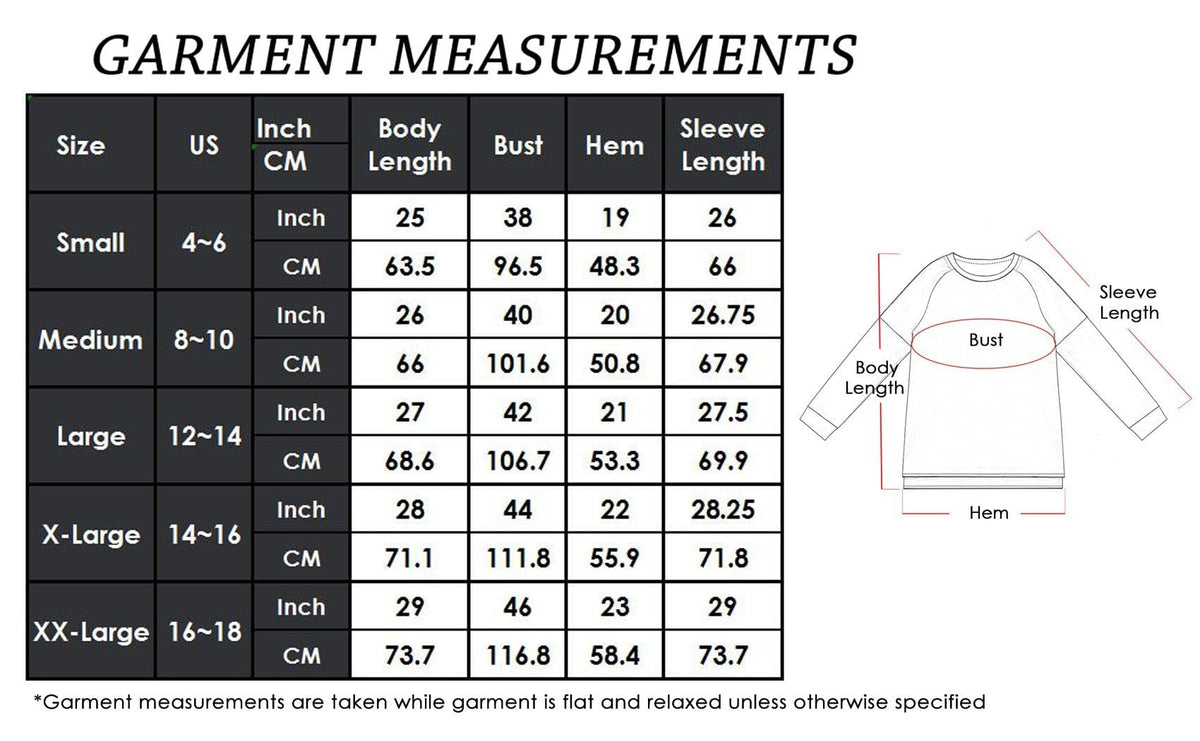 Garment measurements chart for a long-sleeve shirt with size chart and diagram.