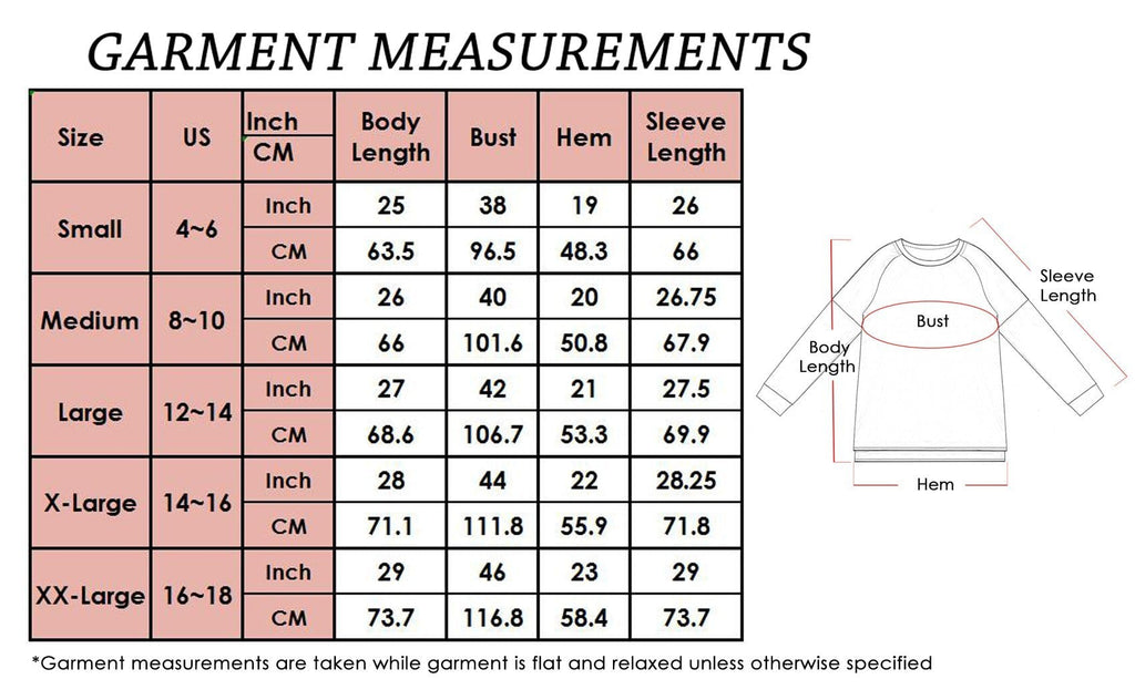 Garment measurements chart for a long-sleeve shirt with size chart and diagram.