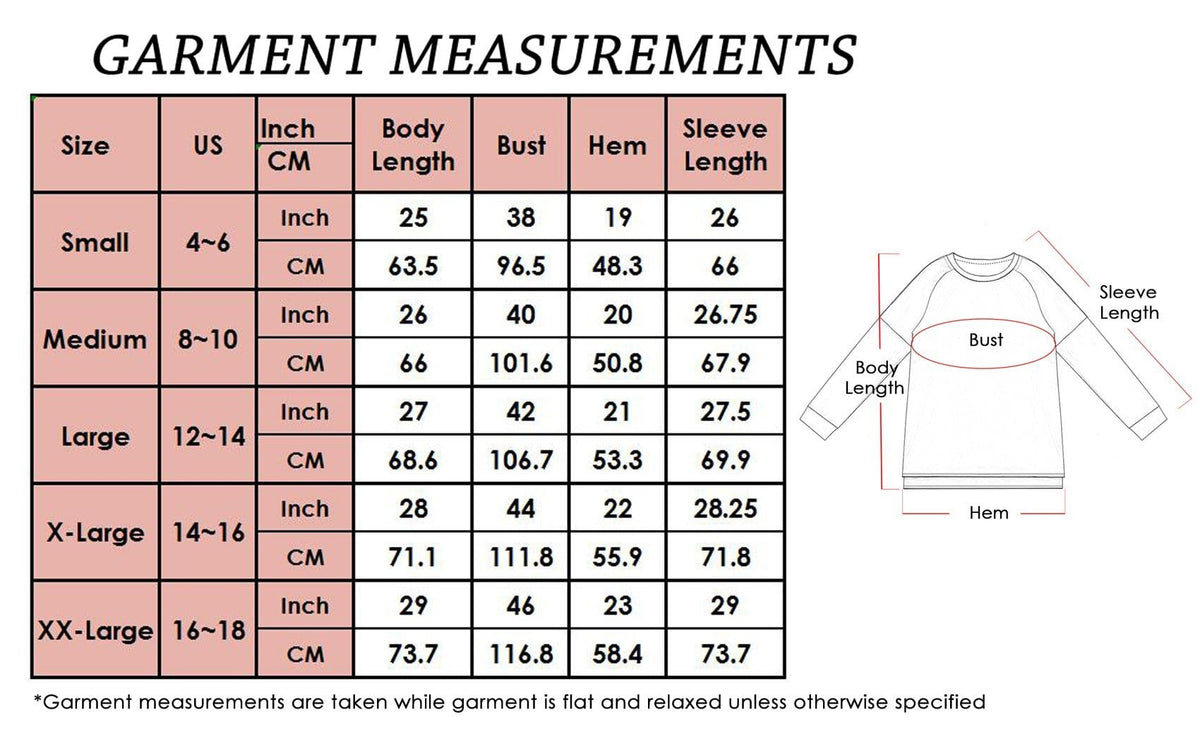 Garment measurements chart for a long-sleeve shirt with size chart and diagram.