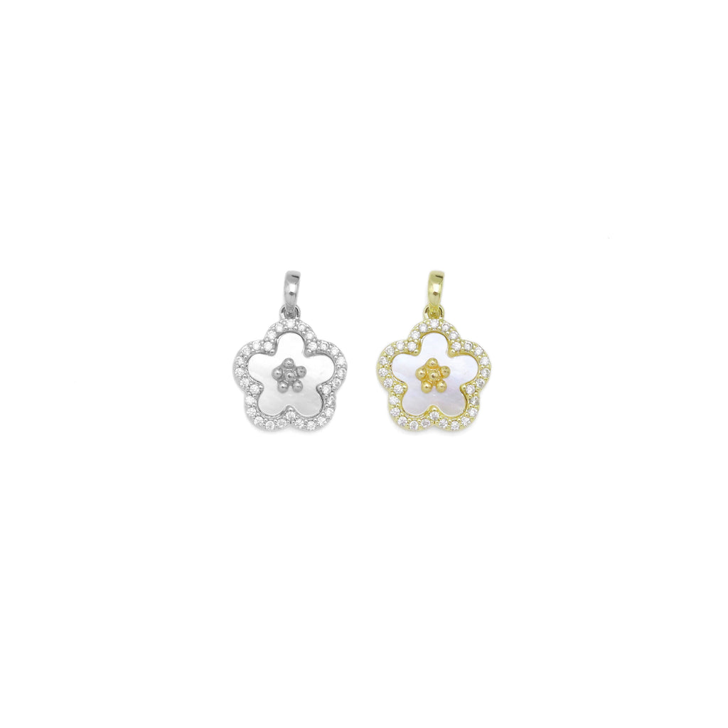 CZ White Mother of Pearl  Flower Gold Charm, Sku#ZX205