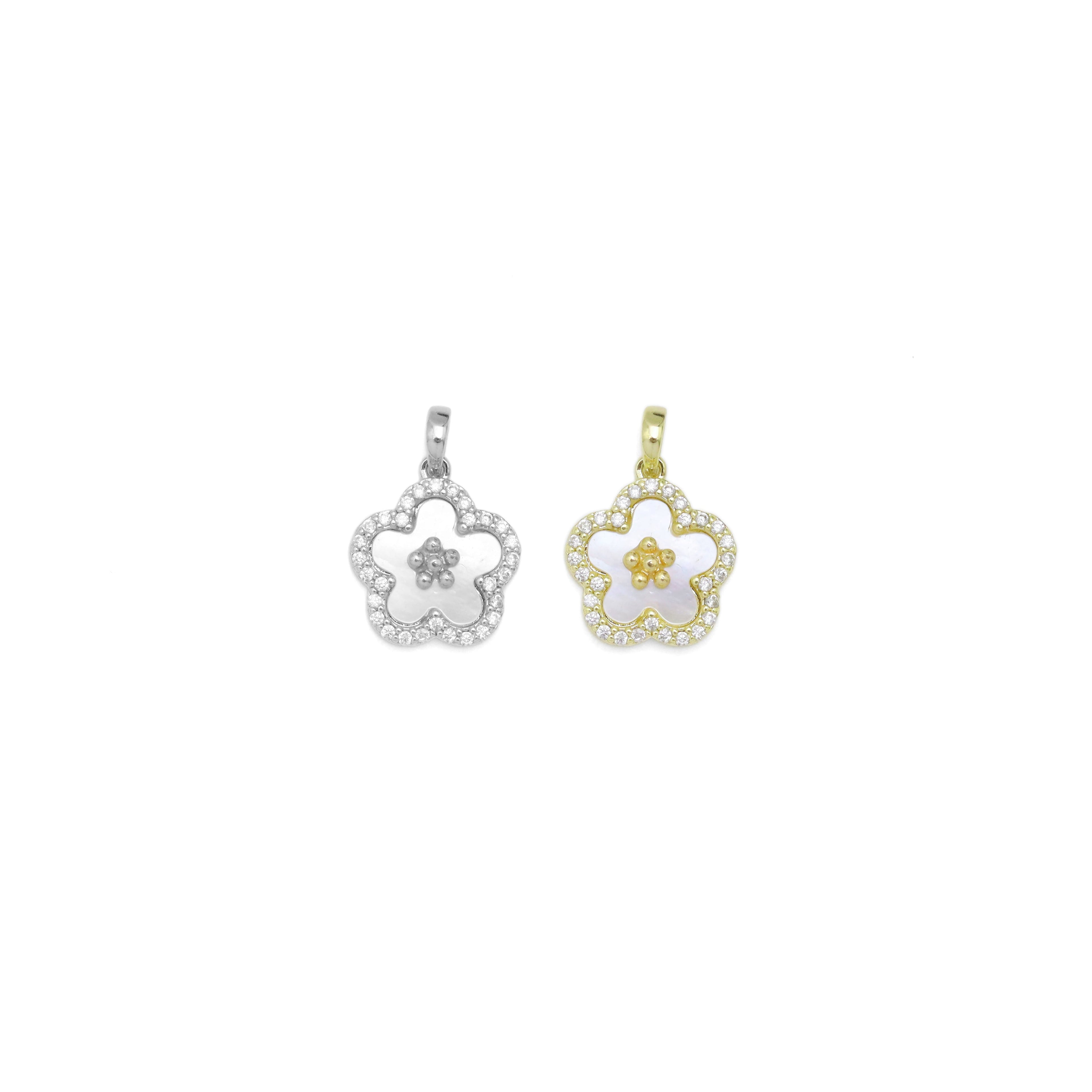 CZ White Mother of Pearl  Flower Gold Charm, Sku#ZX205