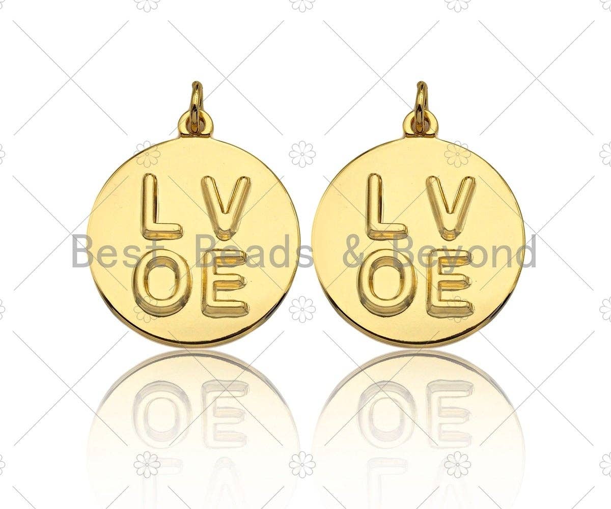 18k Shiny Gold Finish Round LOVE Coin Charms, Embossment LOVE Charms, Round Coin Pendant, Gold Charm, DIY Necklace Charms, 20mm, Sku#Y275