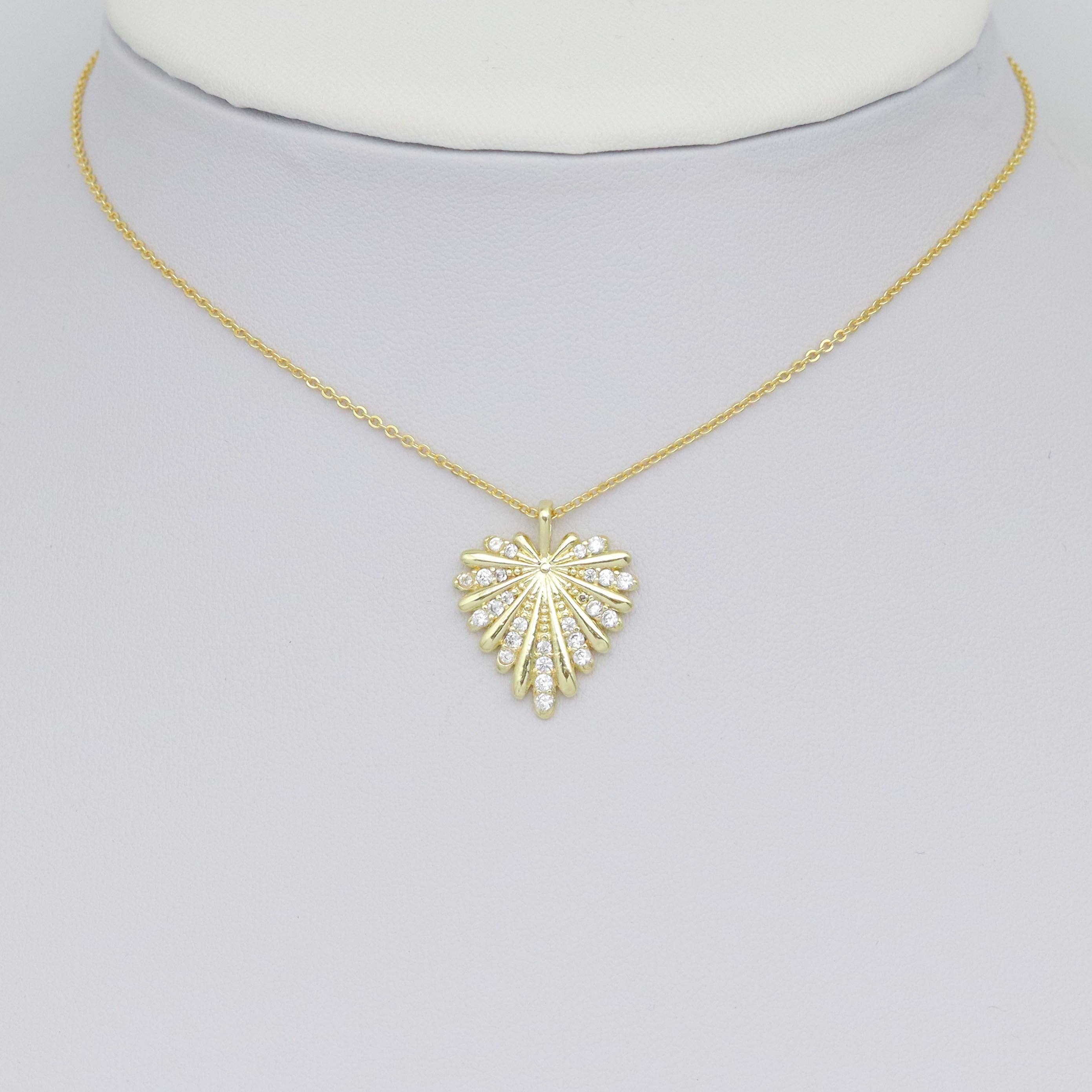 Clear CZ Gold Heart Leaf Shape Charm Pendant, Sku#LX745