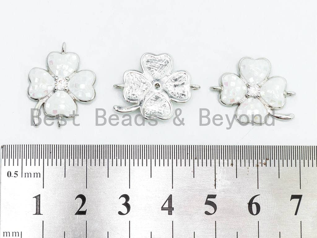 CZ Micro Pave Mother of Pearl Four-leaf Clover Flower Connector, Gemstone Cubic Zirconia Space Connector, 16x21mm, Jewelry Findings,sku#Z33