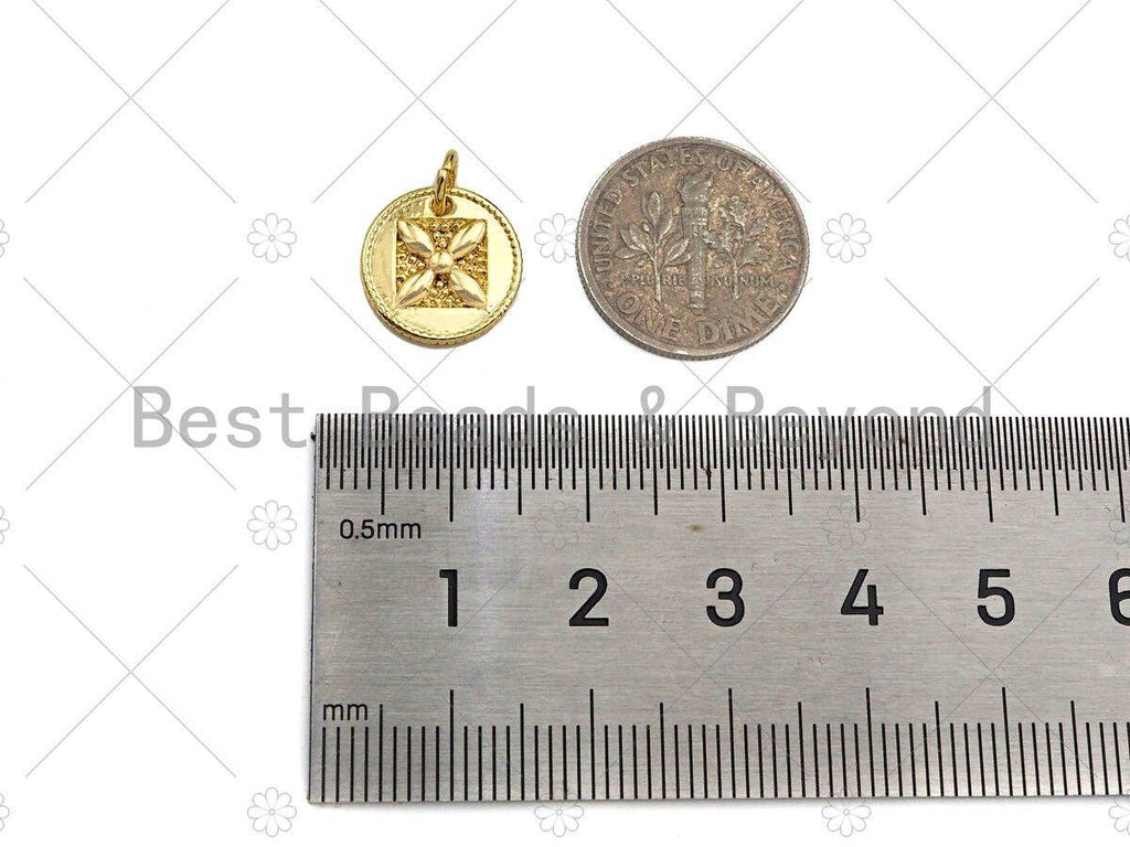 18k Dainty Gold Flower On Round Coin Charms, Embossed Flower Charms Pendant, Round Necklace Charms, 13mm, Sku#Y378