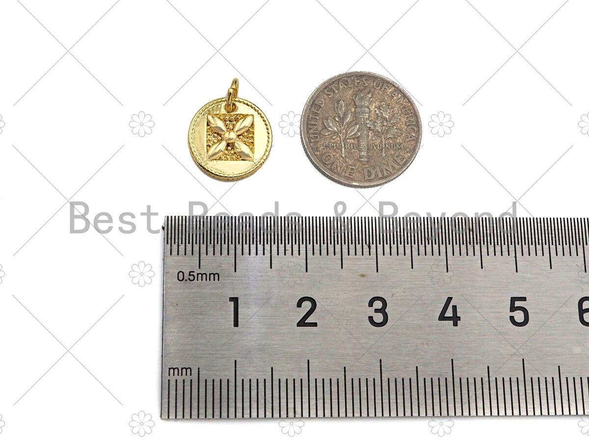 18k Dainty Gold Flower On Round Coin Charms, Embossed Flower Charms Pendant, Round Necklace Charms, 13mm, Sku#Y378