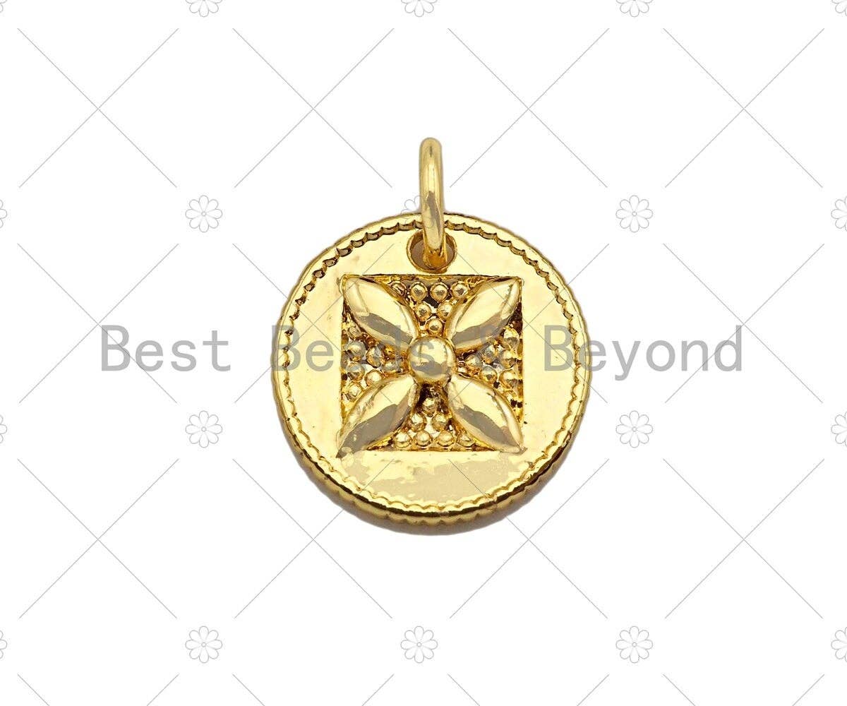 18k Dainty Gold Flower On Round Coin Charms, Embossed Flower Charms Pendant, Round Necklace Charms, 13mm, Sku#Y378