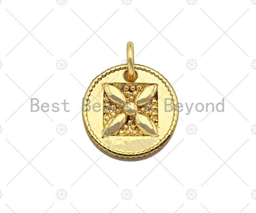 18k Dainty Gold Flower On Round Coin Charms, Embossed Flower Charms Pendant, Round Necklace Charms, 13mm, Sku#Y378
